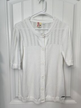 Roxy White Lace-Detail Short Sleeve Cardigan, Size XL